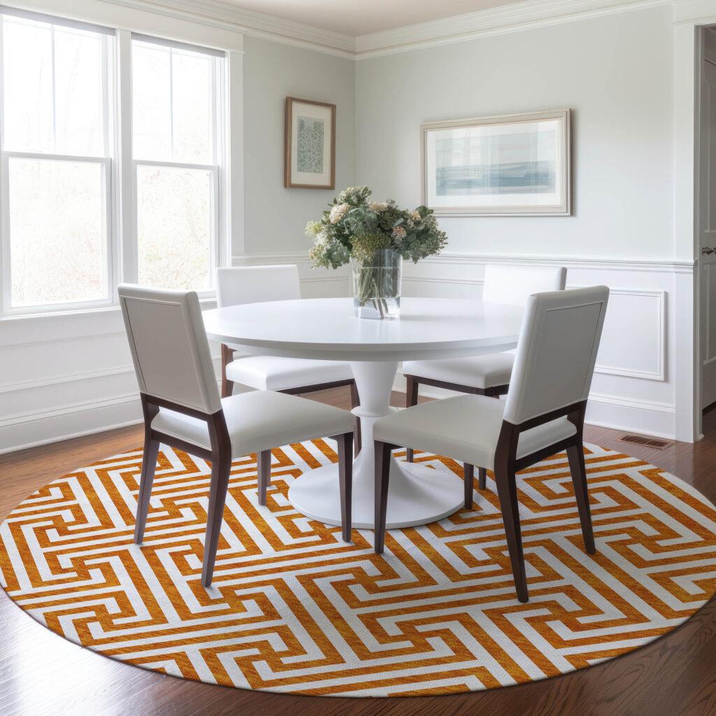 8' Orange And Ivory Round Geometric Washable Indoor Outdoor Area Rug