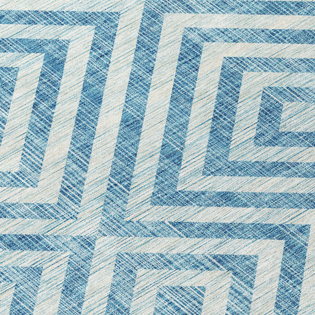 8' Teal Blue And Ivory Round Geometric Washable Indoor Outdoor Area Rug