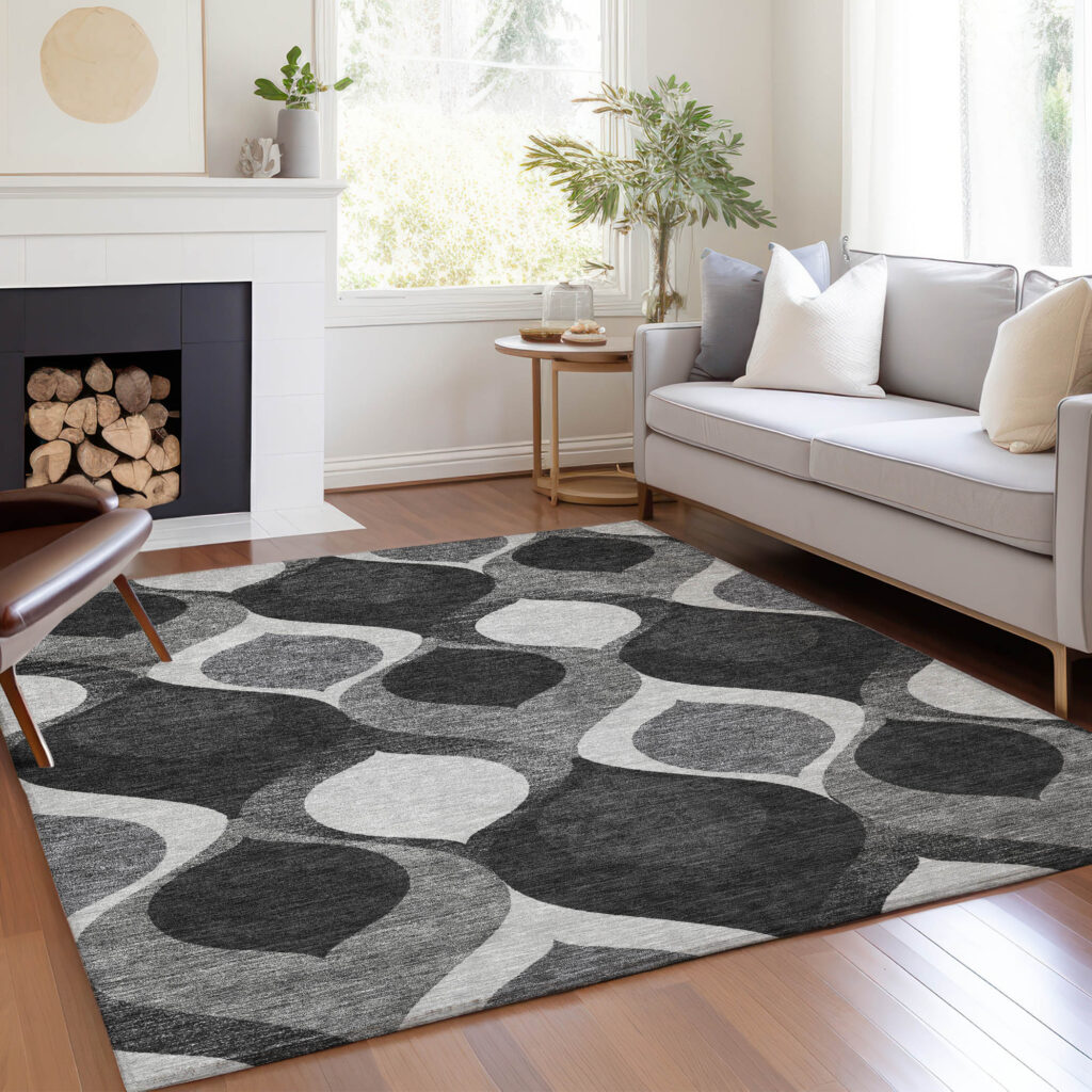 5' X 8' Black Silver And Charcoal Ogee Washable Indoor Outdoor Area Rug