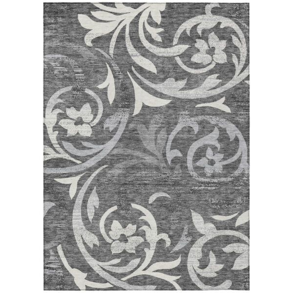 5' X 8' Charcoal Silver And Gray Floral Washable Indoor Outdoor Area Rug