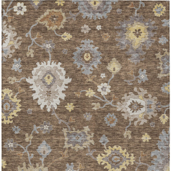9' X 12' Chocolate Taupe And White Floral Washable Indoor Outdoor Area Rug