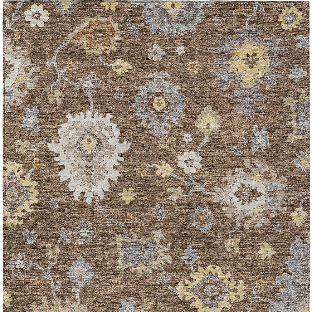 9' X 12' Chocolate Taupe And White Floral Washable Indoor Outdoor Area Rug