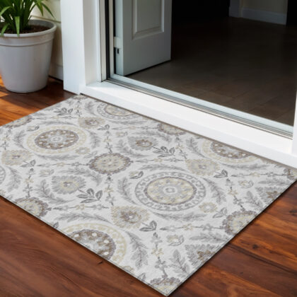 3' X 5' Silver Gray And Taupe Floral Washable Indoor Outdoor Area Rug