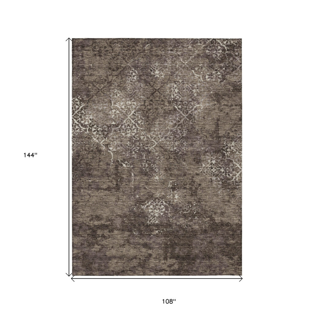 9' X 12' Brown And Ivory Floral Washable Indoor Outdoor Area Rug
