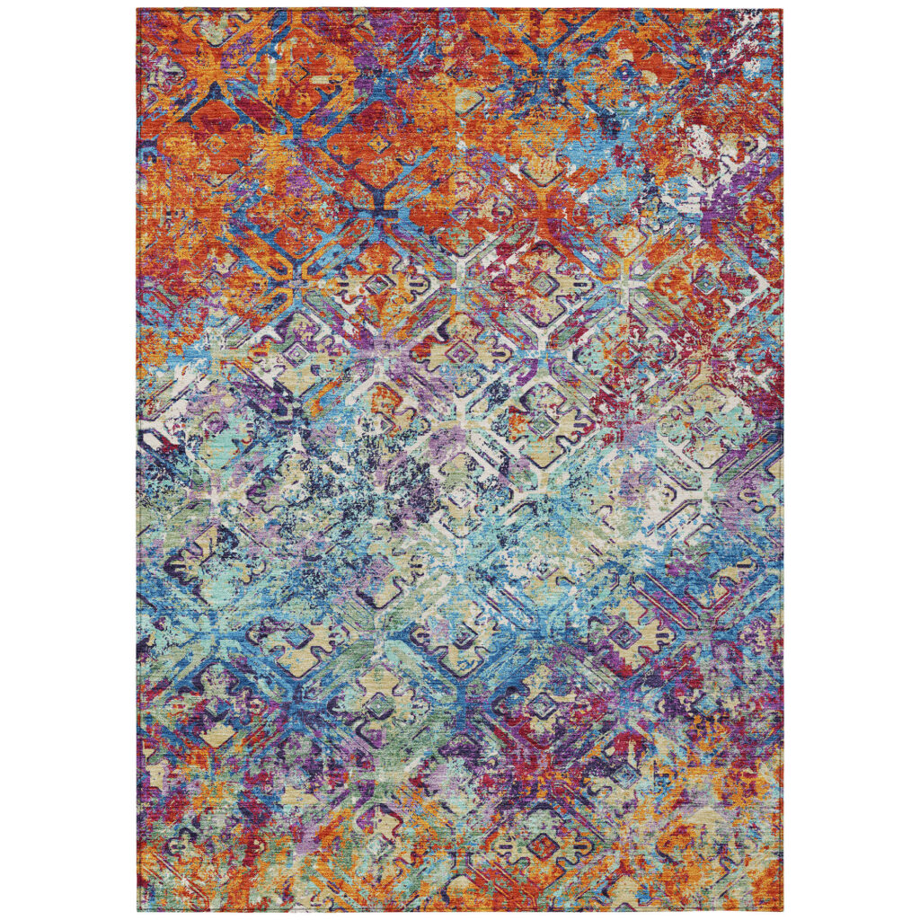 3' X 5' Copper Blue And Red Geometric Washable Indoor Outdoor Area Rug