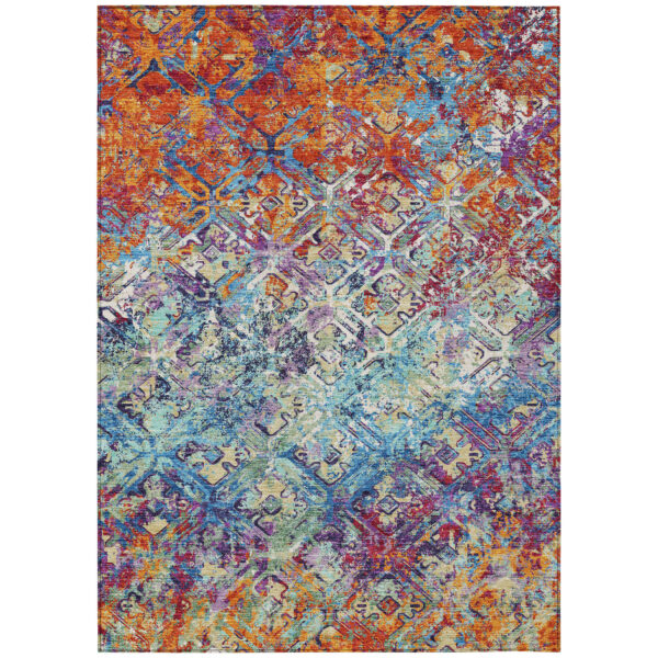 3' X 5' Copper Blue And Red Geometric Washable Indoor Outdoor Area Rug