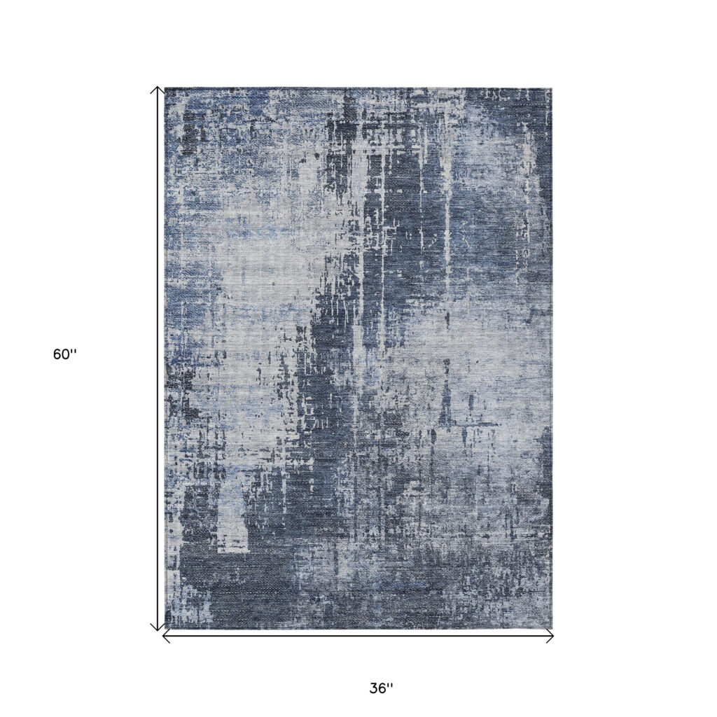 3' X 5' Navy Blue And Sky Blue Abstract Washable Indoor Outdoor Area Rug