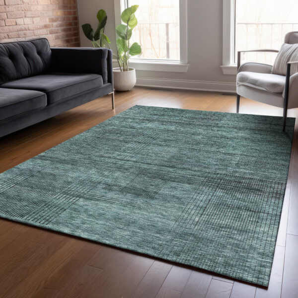 9' X 12' Teal Blue Aqua And Gray Striped Washable Indoor Outdoor Area Rug