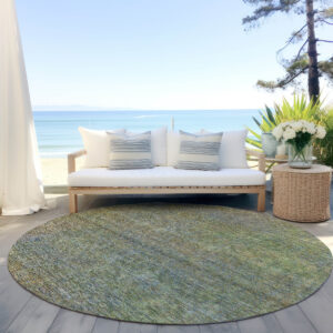 8' Green Gold And Charcoal Round Abstract Washable Indoor Outdoor Area Rug