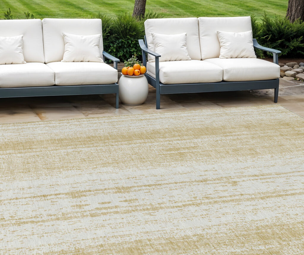 9' X 12' Gold And Ivory Striped Washable Indoor Outdoor Area Rug