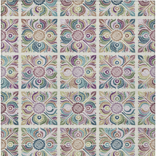 9' X 12' Ivory Purple And Teal Blue Medallion Washable Indoor Outdoor Area Rug
