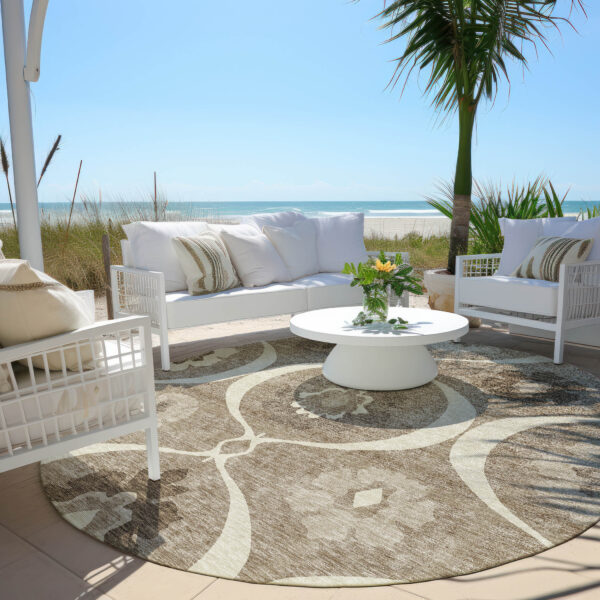 8' Taupe Brown And Ivory Round Medallion Washable Indoor Outdoor Area Rug
