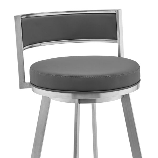 26" Gray and Silver Faux Leather and Iron Low Back Counter Height Swivel Bar Chair