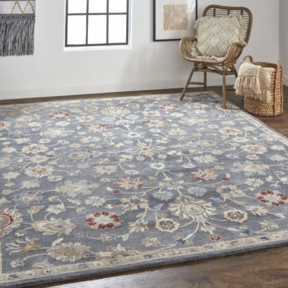 9' X 12' Gray Ivory And Red Wool Floral Tufted Handmade Stain Resistant Area Rug