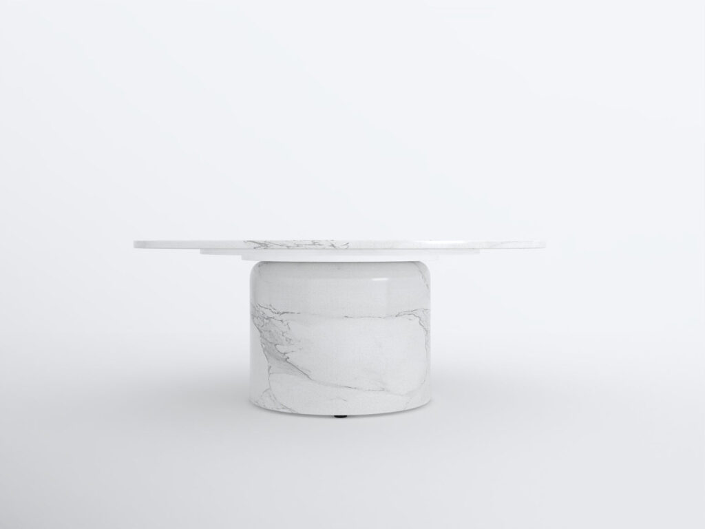 35" White Genuine Marble And Wood Round Pedestal Coffee Table