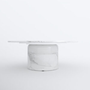 35" White Genuine Marble And Wood Round Pedestal Coffee Table