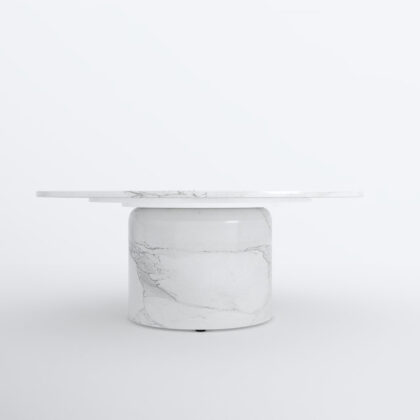 35" White Genuine Marble And Wood Round Pedestal Coffee Table