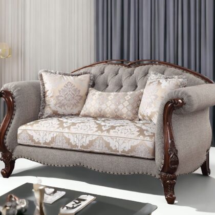 72" Beige And Dark Brown Linen Loveseat and Toss Pillows