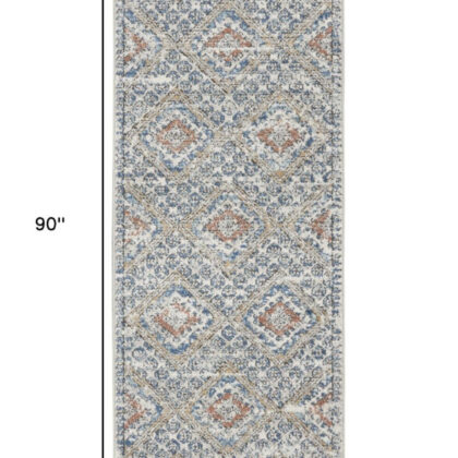 8' Blue And Ivory Southwestern Power Loom Non Skid Runner Rug