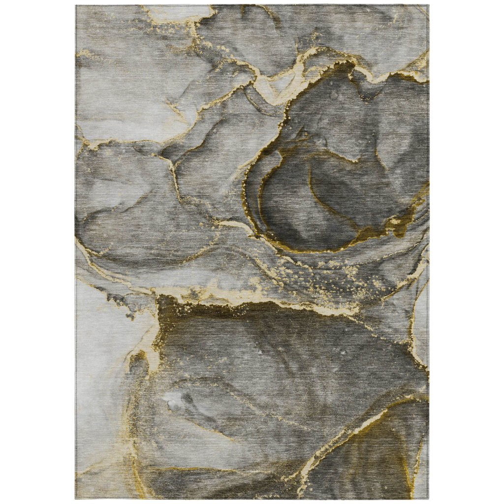 5' X 8' Gray and Gold Abstract Washable Non Skid Indoor Outdoor Area Rug
