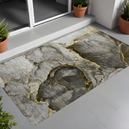 3' X 5' Gray and Gold Abstract Washable Non Skid Indoor Outdoor Area Rug