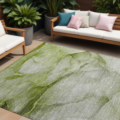 8' X 10' Olive Green Abstract Washable Non Skid Indoor Outdoor Area Rug