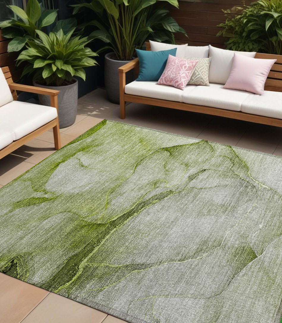 8' X 10' Olive Green Abstract Washable Non Skid Indoor Outdoor Area Rug