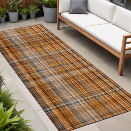 2' X 8' Orange Brown and Gray Plaid Washable Non Skid Indoor Outdoor Area Rug