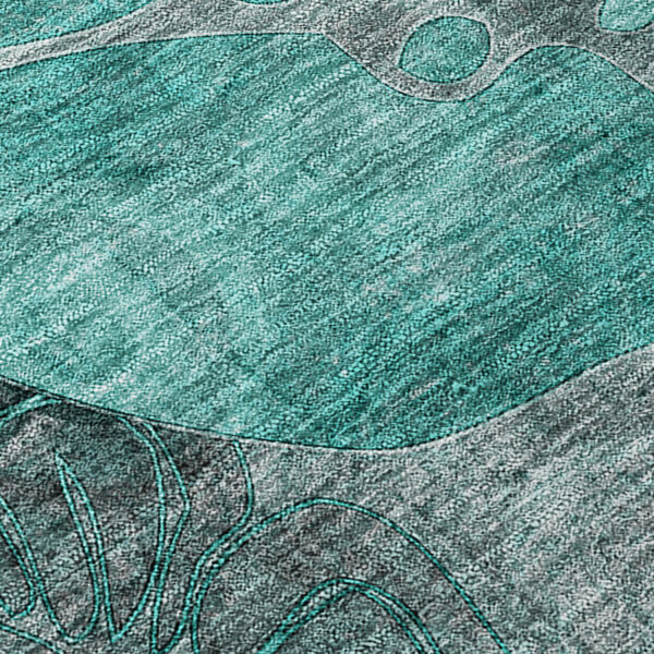 2' X 8' Teal Black and Gray Abstract Washable Indoor Outdoor Runner Rug