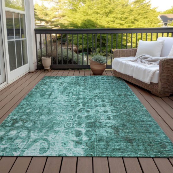 9' X 12' Teal Blue Ikat Washable Indoor Outdoor Area Rug