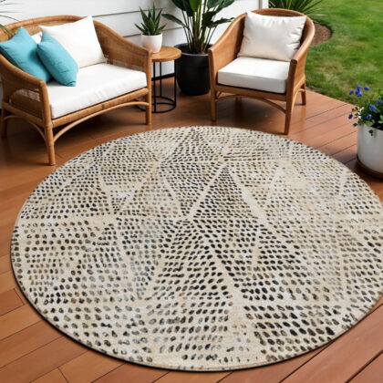 8' Beige Ivory And Black Round Geometric Washable Indoor Outdoor Area Rug