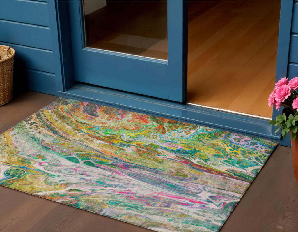 3' X 5' Green Gold And White Abstract Washable Indoor Outdoor Area Rug