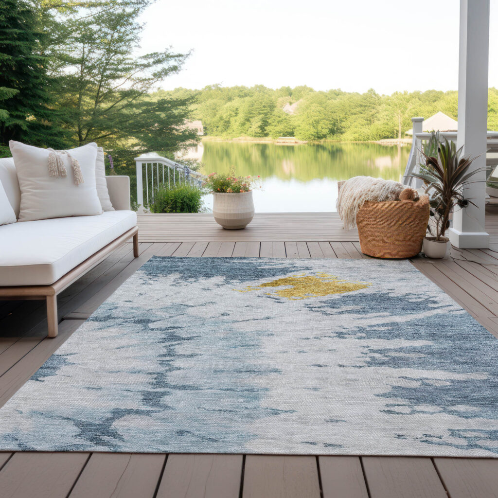 5' X 8' Denim Blue And Sky Blue Abstract Washable Indoor Outdoor Area Rug