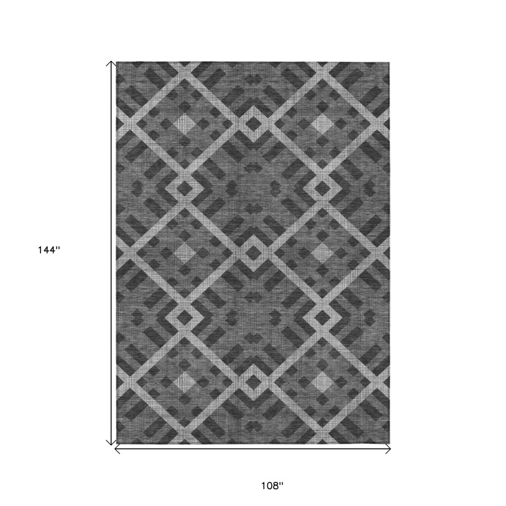 9' X 12' Charcoal Gray And Silver Geometric Washable Indoor Outdoor Area Rug