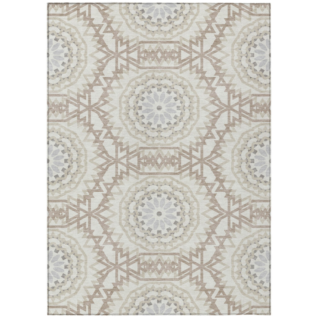 10' X 14' Ivory Beige And Silver Floral Medallion Washable Indoor Outdoor Area Rug