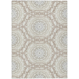 10' X 14' Ivory Beige And Silver Floral Medallion Washable Indoor Outdoor Area Rug