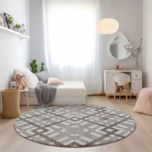 8' Taupe Brown And Ivory Round Geometric Washable Indoor Outdoor Area Rug