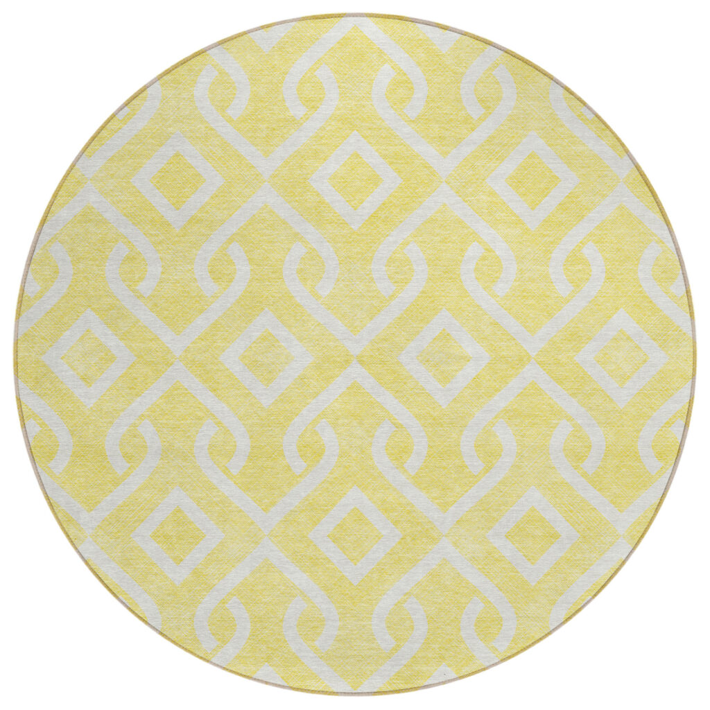 8' Yellow And Ivory Round Geometric Washable Indoor Outdoor Area Rug