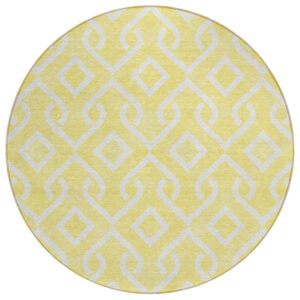 8' Yellow And Ivory Round Geometric Washable Indoor Outdoor Area Rug