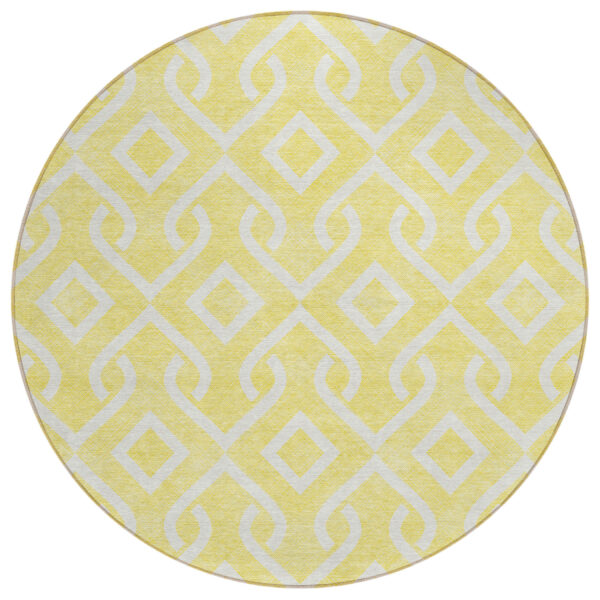 8' Yellow And Ivory Round Geometric Washable Indoor Outdoor Area Rug