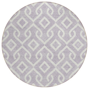 8' Lavender And Ivory Round Geometric Washable Indoor Outdoor Area Rug