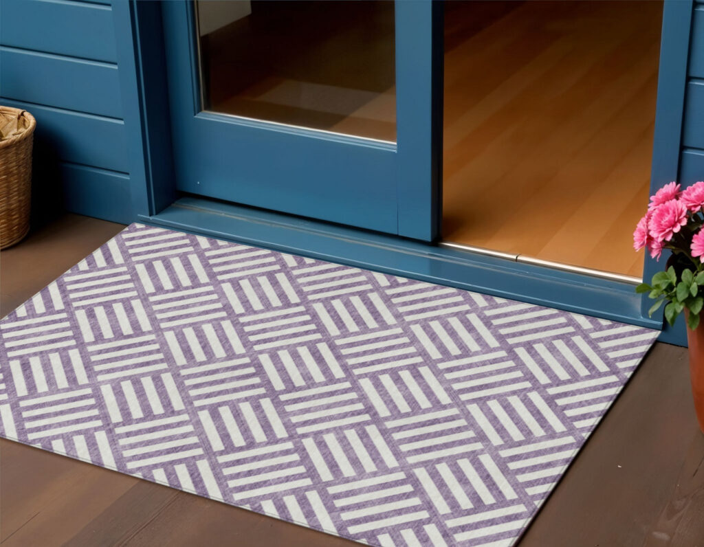 3' X 5' Purple And Ivory Geometric Washable Indoor Outdoor Area Rug