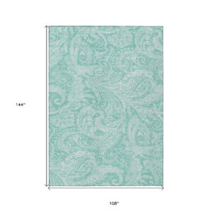 9' X 12' Teal Blue And Ivory Paisley Washable Indoor Outdoor Area Rug