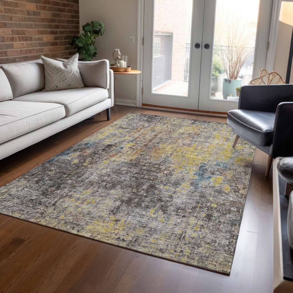 5' X 8' Brown And Gold Abstract Washable Indoor Outdoor Area Rug
