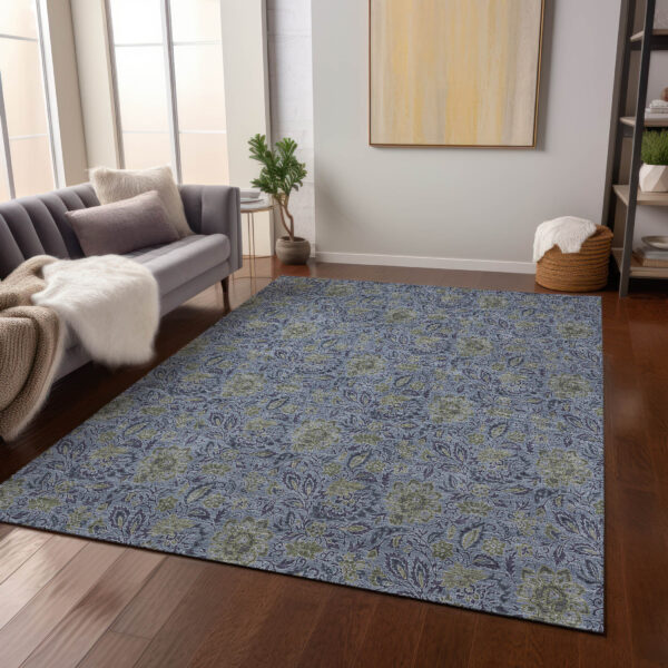 5' X 8' Denim Blue Navy Blue And Gray Floral Washable Indoor Outdoor Area Rug