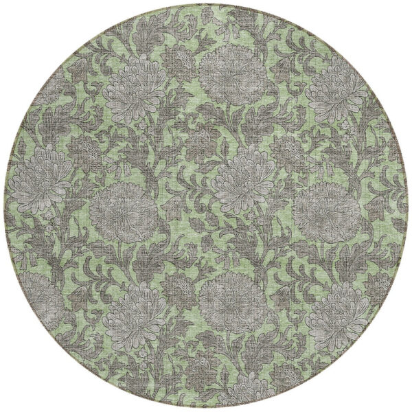 8' Artichoke Green Gray And Taupe Round Floral Washable Indoor Outdoor Area Rug