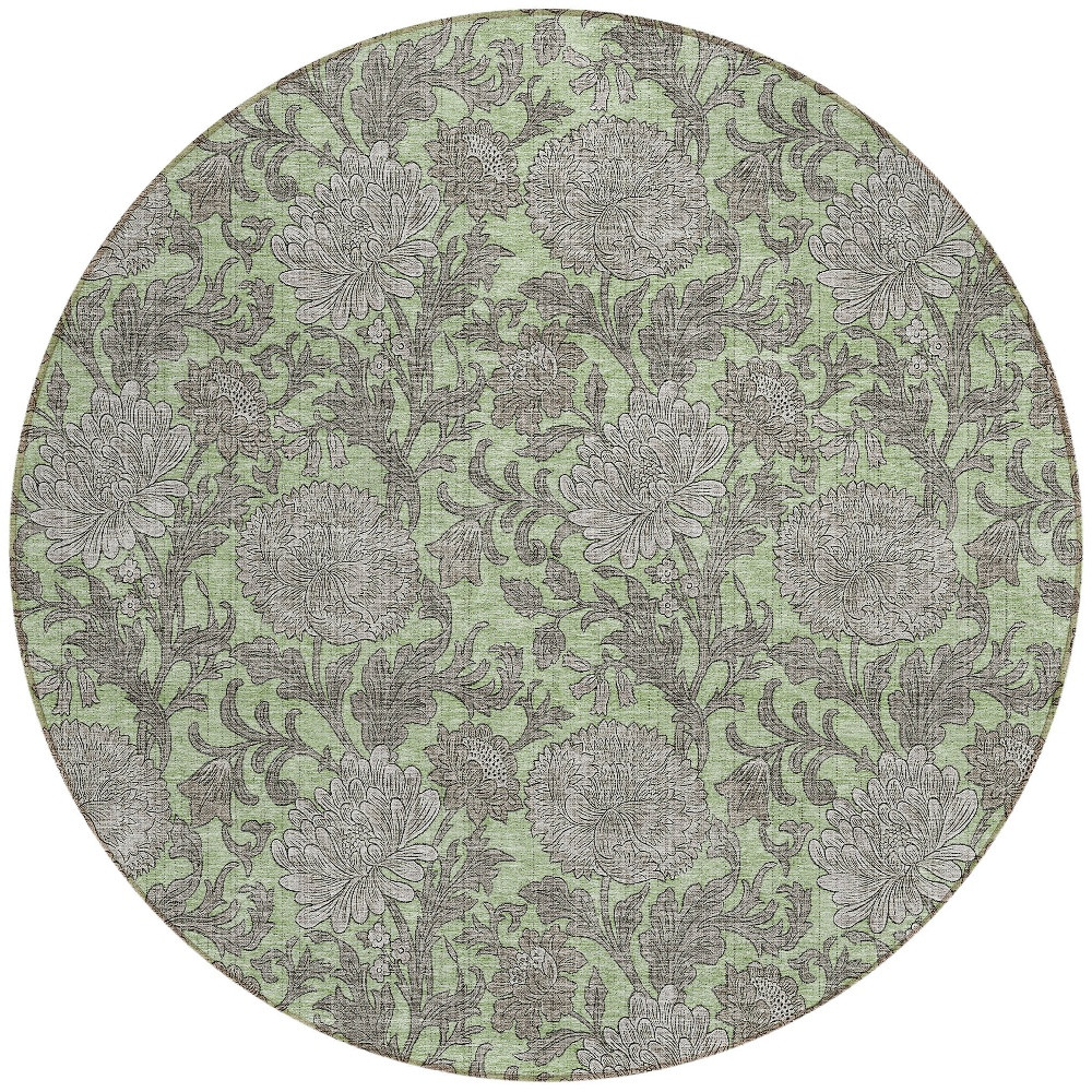 8' Artichoke Green Gray And Taupe Round Floral Washable Indoor Outdoor Area Rug