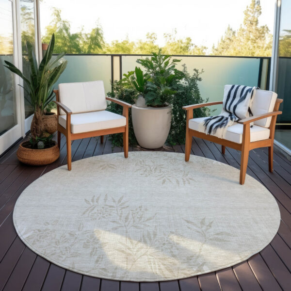 8' Beige Tan And Ivory Round Floral Washable Indoor Outdoor Area Rug