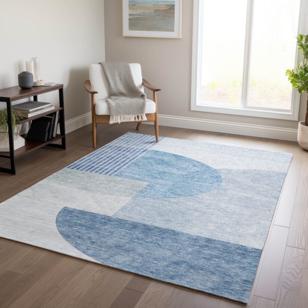 3' X 5' Navy Blue And Sky Blue Geometric Washable Indoor Outdoor Area Rug