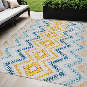 5' X 8' Ivory Blue And Purple Geometric Washable Indoor Outdoor Area Rug